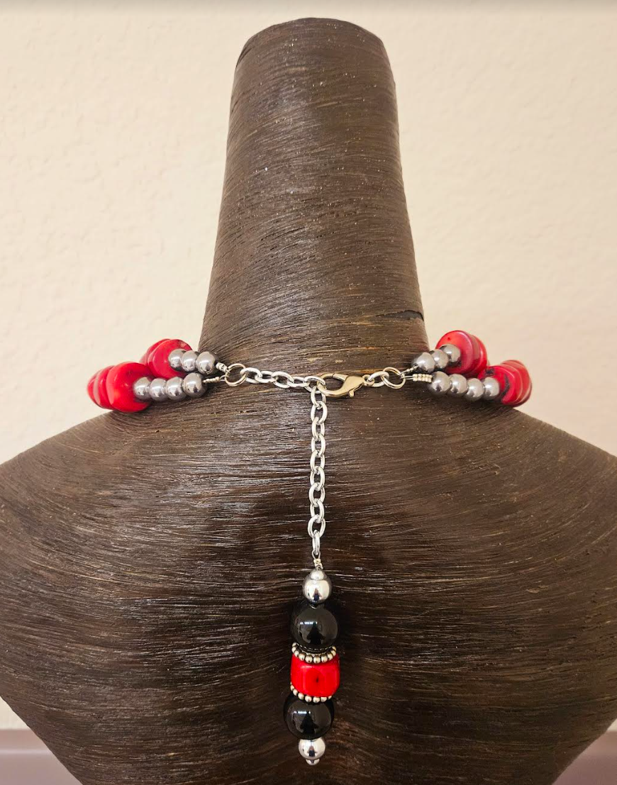 Black Red Silver Tribal Beaded Bib with Tibetan Teardrops - Artifact