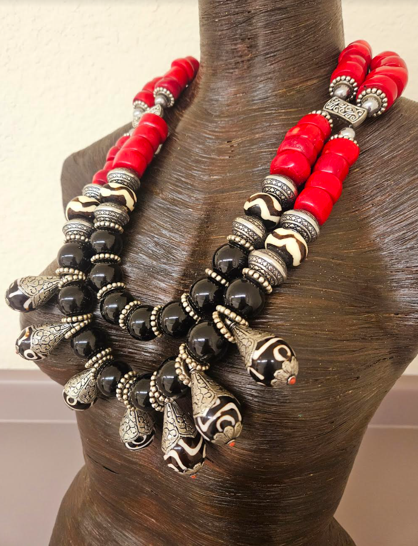 Black Red Silver Tribal Beaded Statement Bib & Tibetan Bone Teardrops