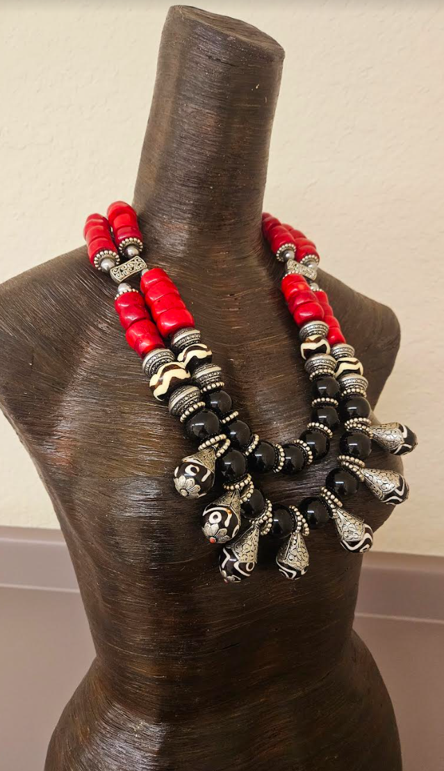 Black Red Silver Tribal Beaded Statement Bib & Tibetan Bone Teardrops