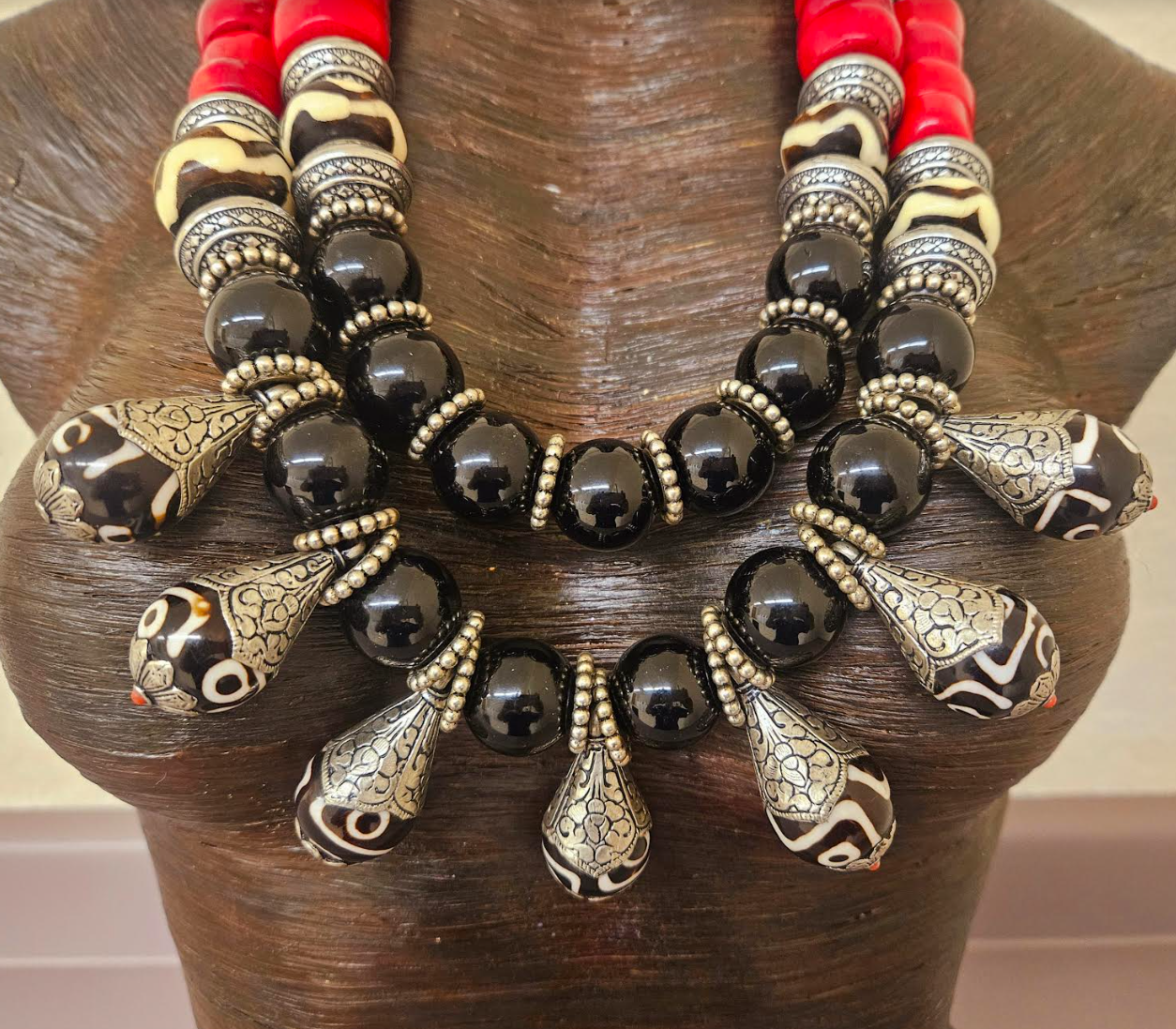 Black Red Silver Tribal Beaded Statement Bib & Tibetan Bone Teardrops