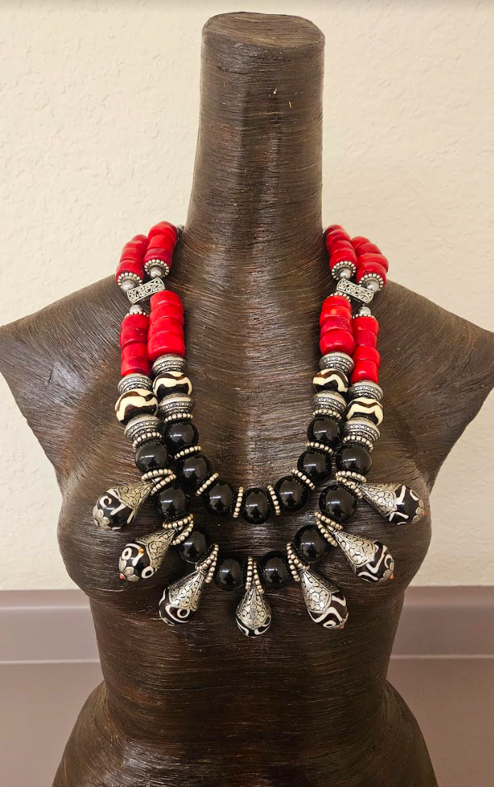 Black Red Silver Tribal Beaded Statement Bib & Tibetan Bone Teardrops