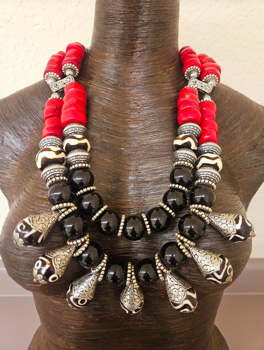 Black Red Silver Tribal Beaded Statement Bib & Tibetan Bone Teardrops