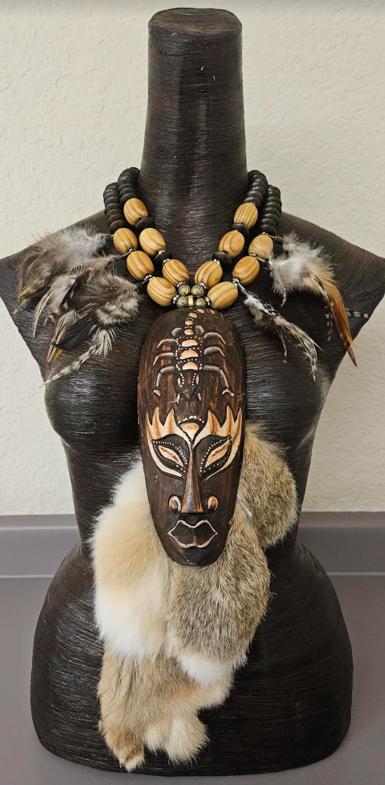 Indonesian Wood Mask Fur and Feather Unisex Chest Piece - Dramatic