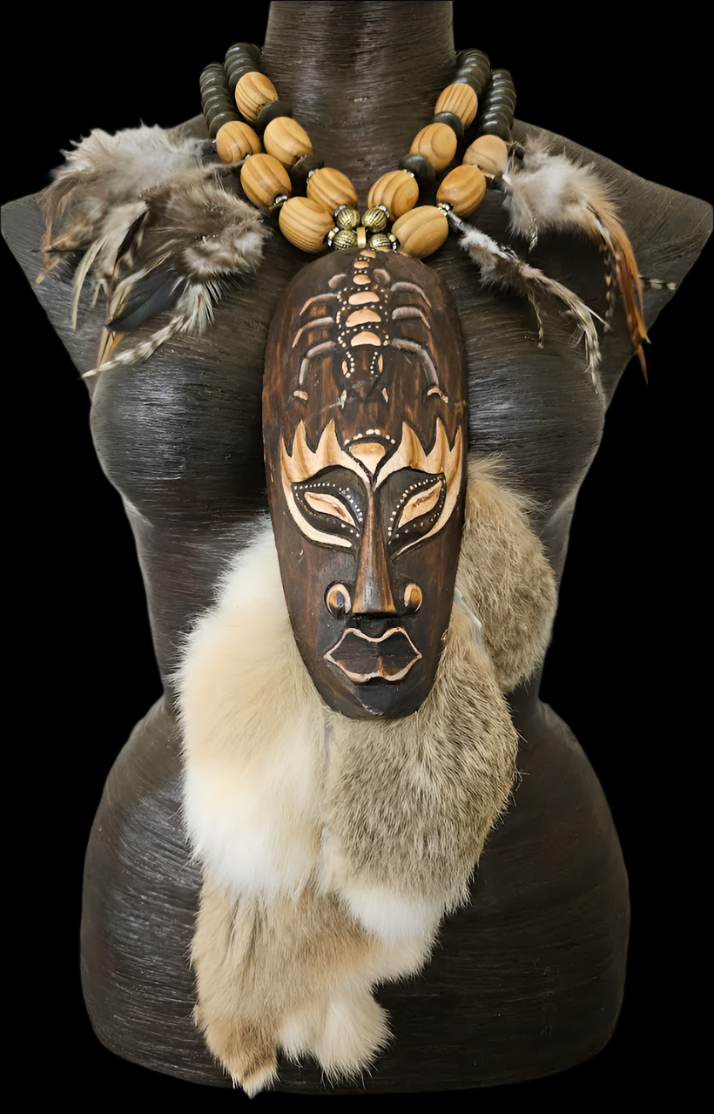 Indonesian Wood Mask Fur and Feather Unisex Chest Piece - Dramatic