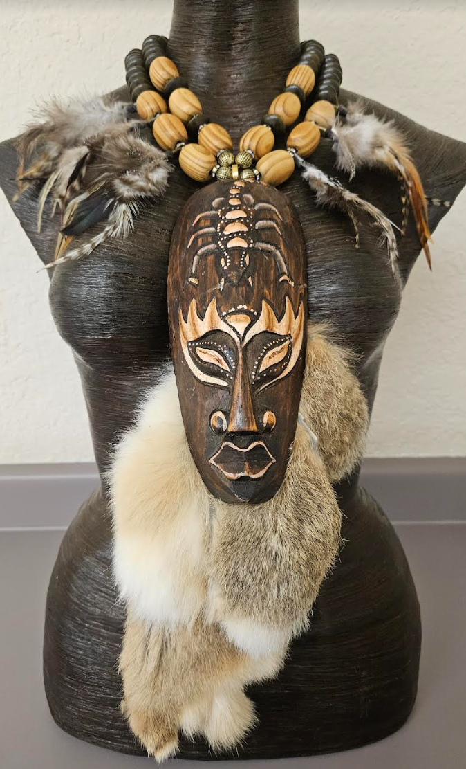Indonesian Wood Mask Fur and Feather Unisex Chest Piece - Dramatic