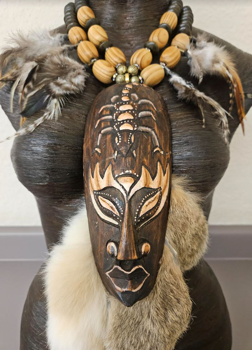 Indonesian Wood Mask Fur and Feather Unisex Chest Piece - Dramatic