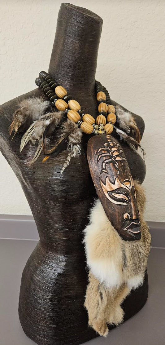 Indonesian Wood Mask Fur and Feather Unisex Chest Piece - Dramatic