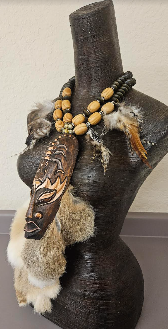 Indonesian Wood Mask Fur and Feather Unisex Chest Piece - Dramatic