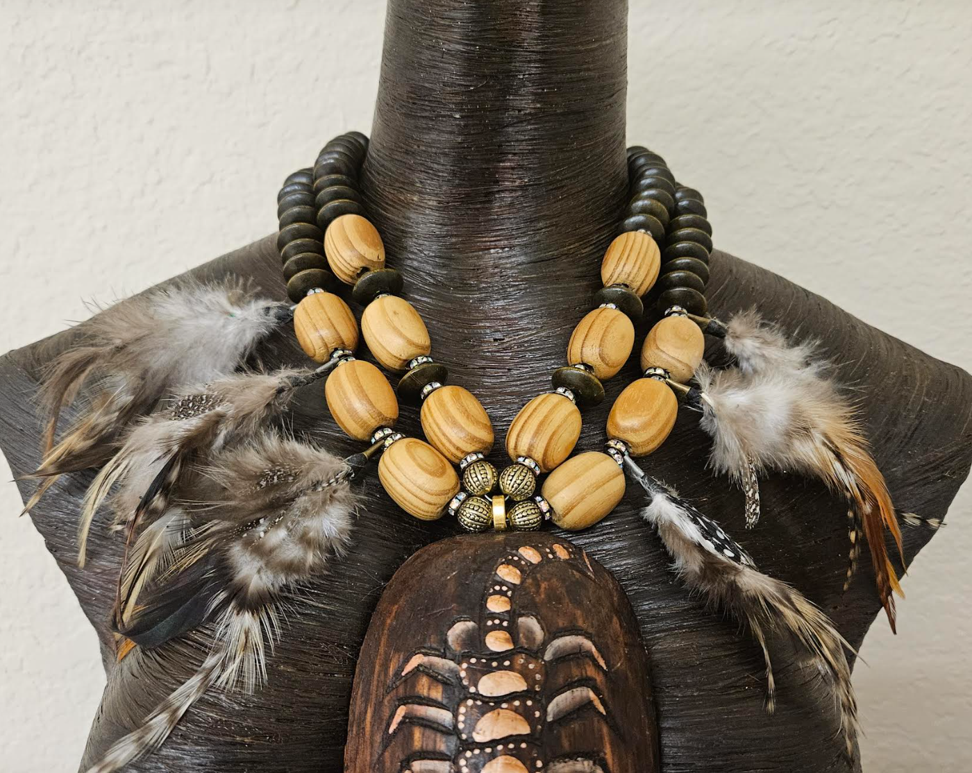 Indonesian Wood Mask Fur and Feather Unisex Chest Piece - Dramatic