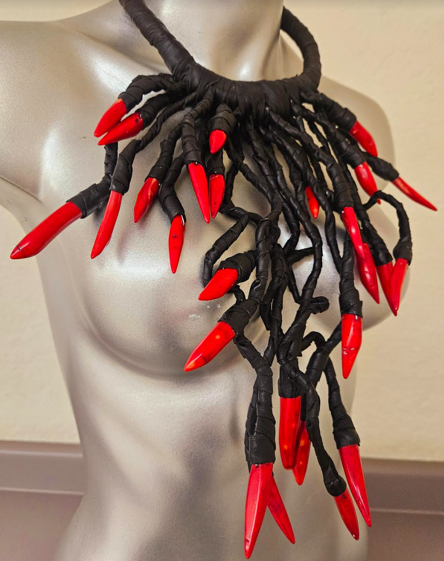 Avant Garde Black Leather & Red Coral Chest Piece Unisex Edgy Fet
