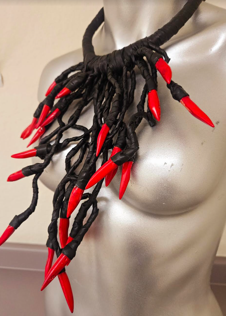 Avant Garde Black Leather & Red Coral Chest Piece Unisex Edgy Fet
