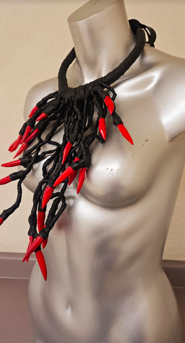 Avant Garde Black Leather & Red Coral Chest Piece Unisex Edgy Fet