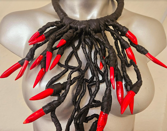 Avant Garde Black Leather & Red Coral Chest Piece Unisex Edgy Fet