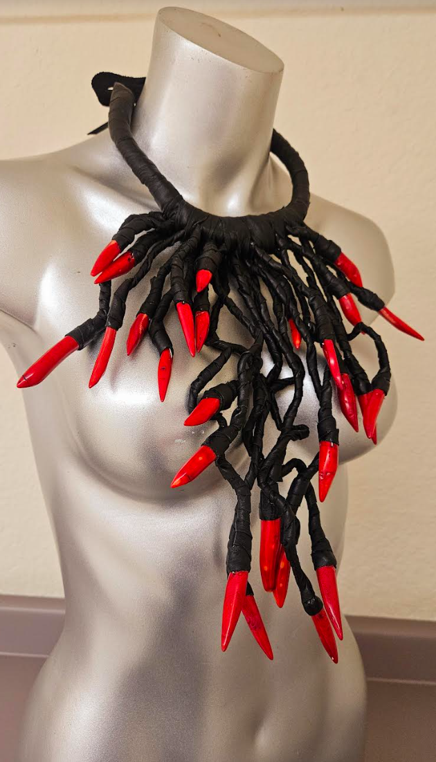 Avant Garde Black Leather & Red Coral Chest Piece Unisex Edgy Fet