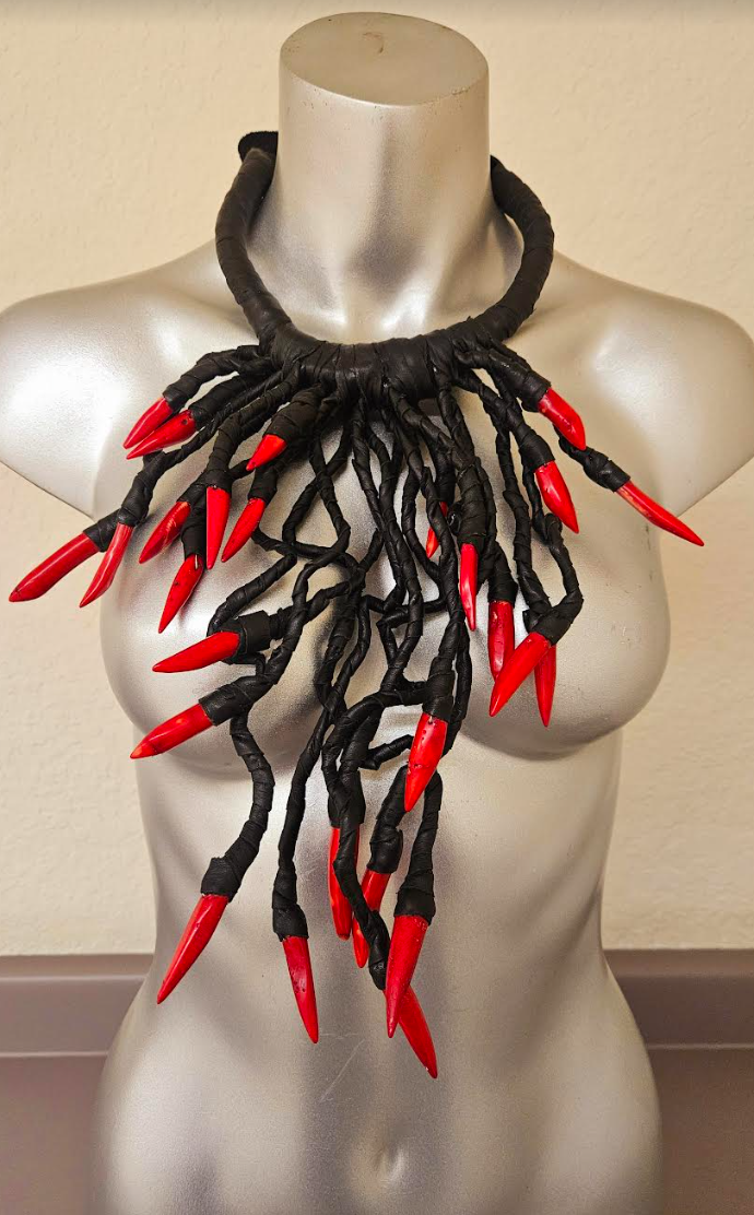 Avant Garde Black Leather & Red Coral Chest Piece Unisex Edgy Fet