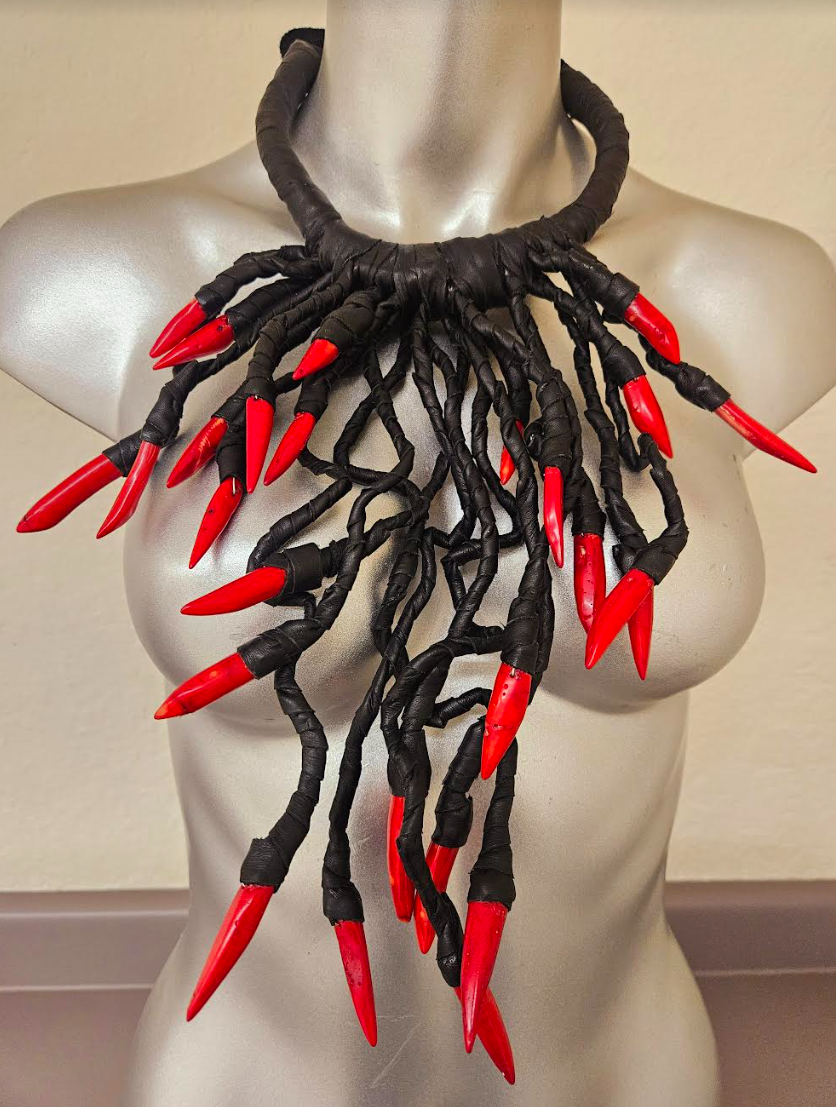Avant Garde Black Leather & Red Coral Chest Piece Unisex Edgy Fet