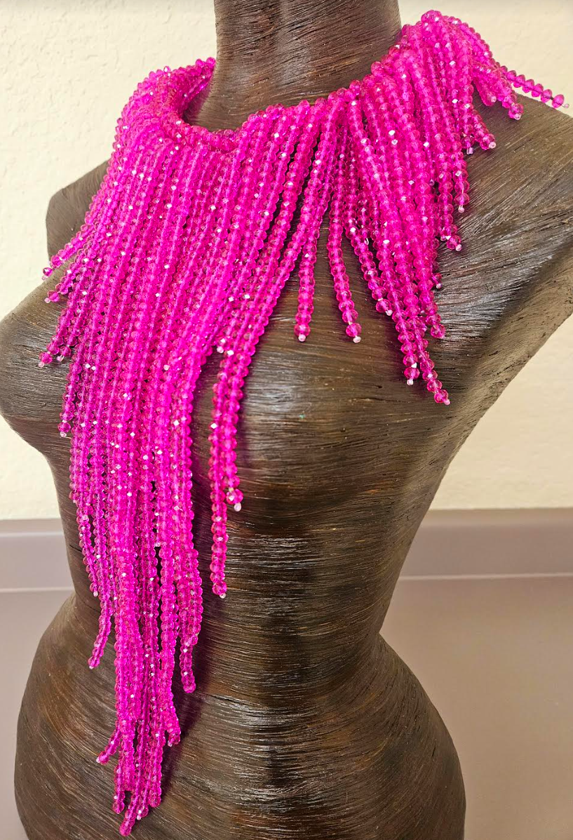 Fuchsia Crystal Waterfall Chest Piece - Hot Pink Statement Bib