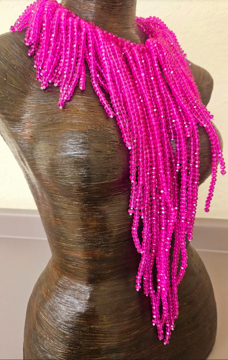 Fuchsia Crystal Waterfall Chest Piece - Hot Pink Statement Bib