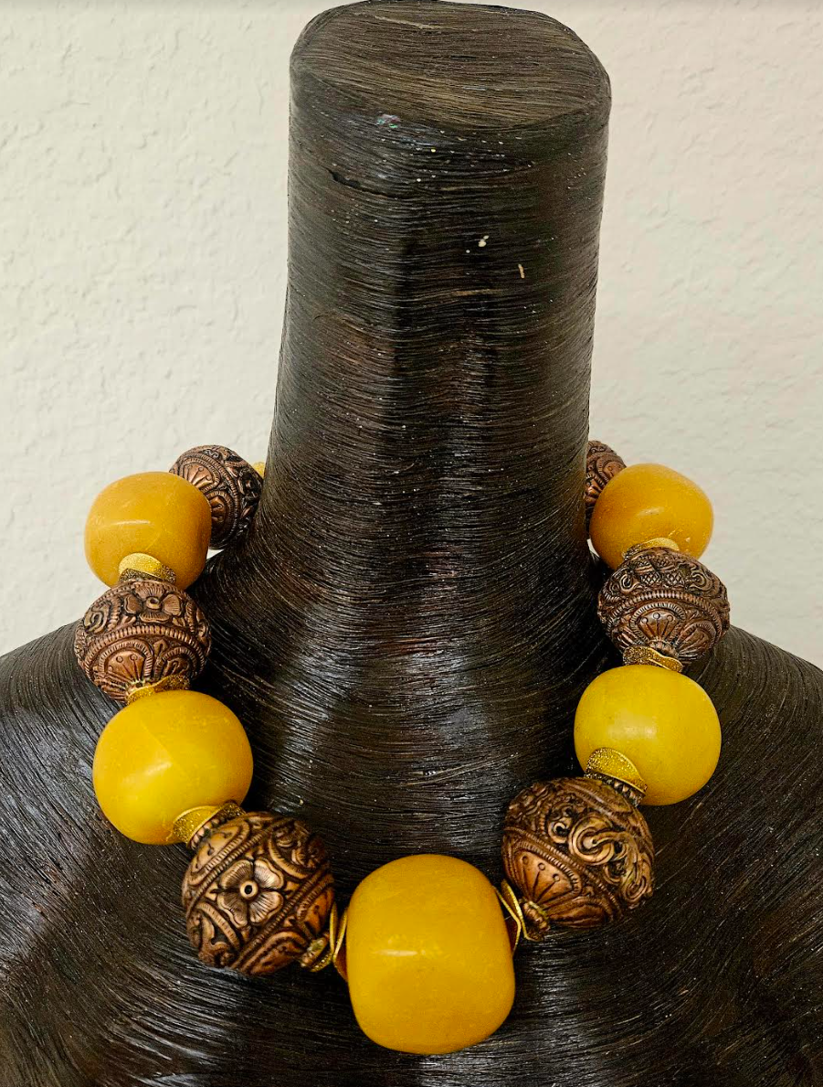 Bold Copal Amber & Tibetan Copper Repousse Tribal Luxury Necklace