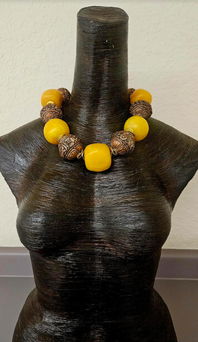Bold Copal Amber & Tibetan Copper Repousse Tribal Luxury Necklace