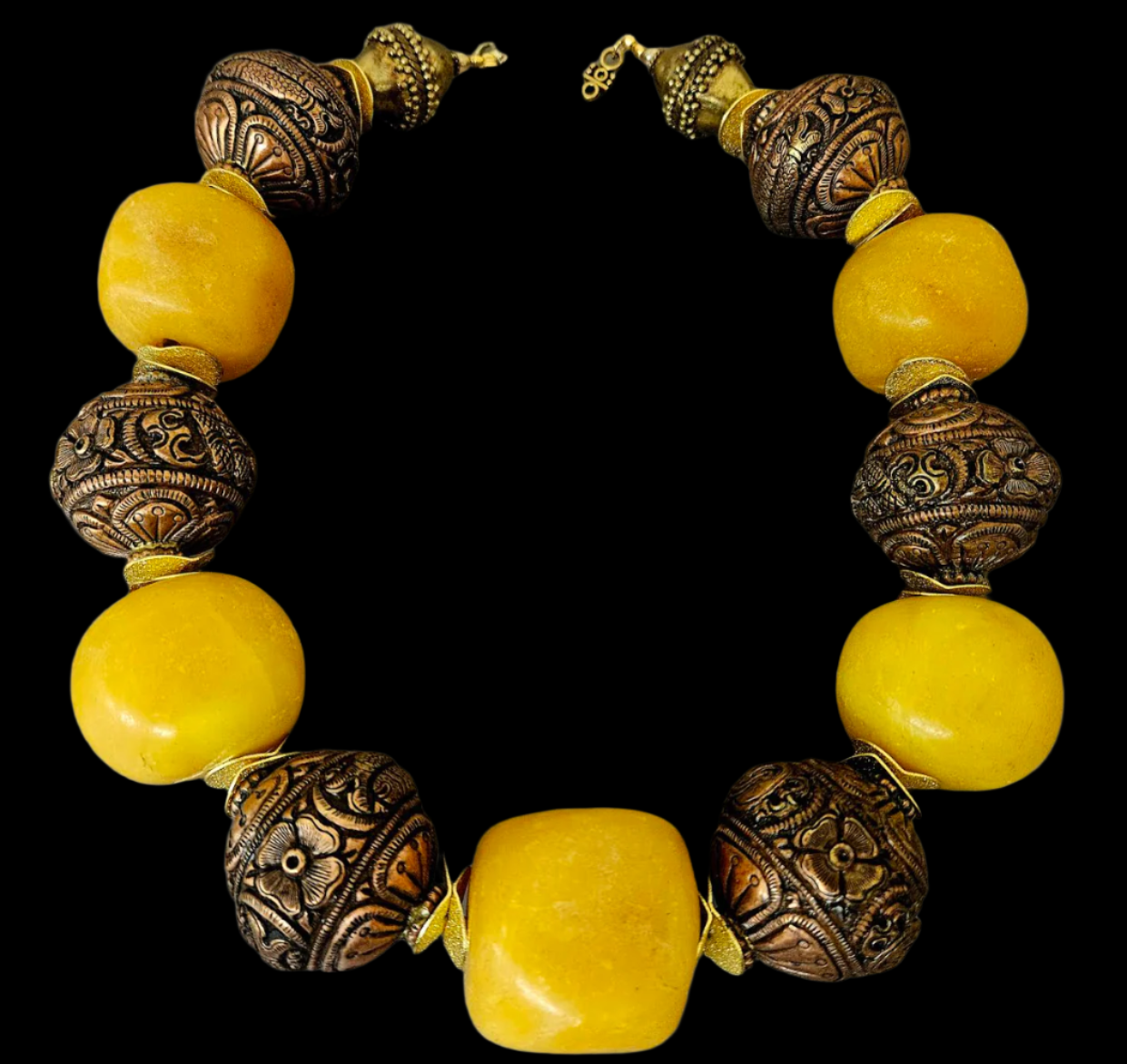 Bold Copal Amber & Tibetan Copper Repousse Tribal Luxury Necklace