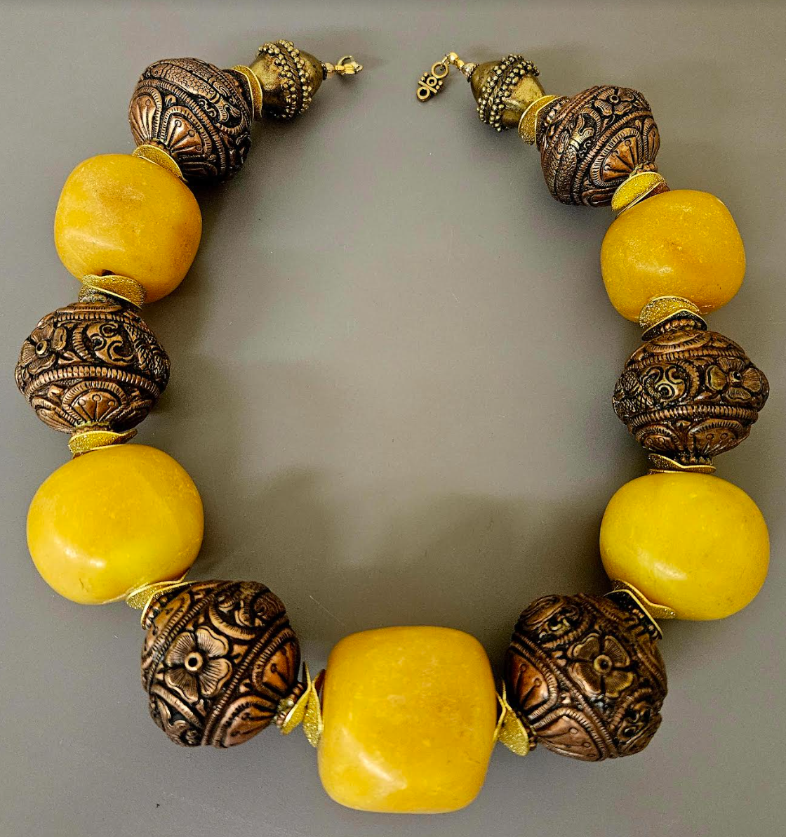 Bold Copal Amber & Tibetan Copper Repousse Tribal Luxury Necklace