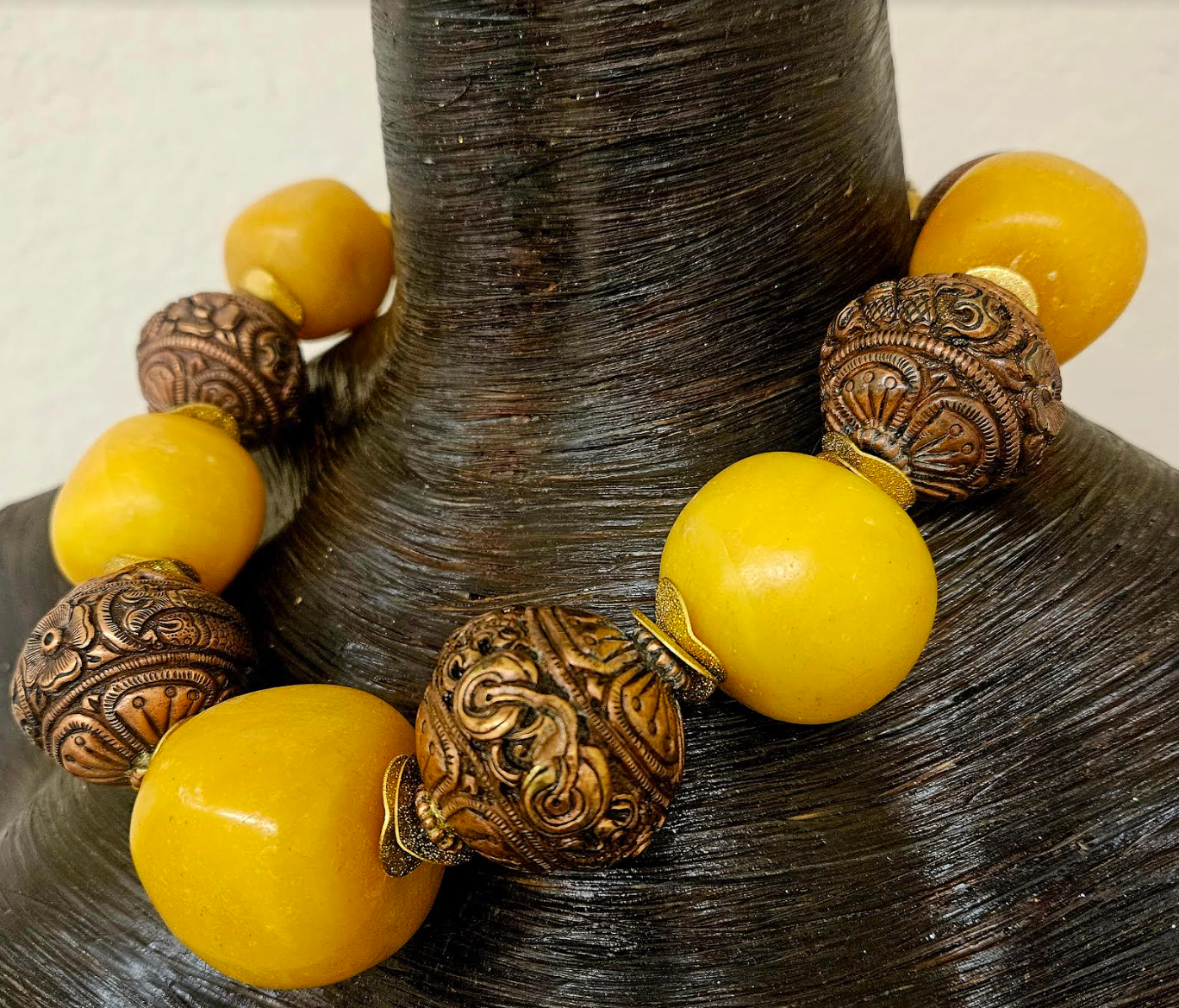Bold Copal Amber & Tibetan Copper Repousse Tribal Luxury Necklace