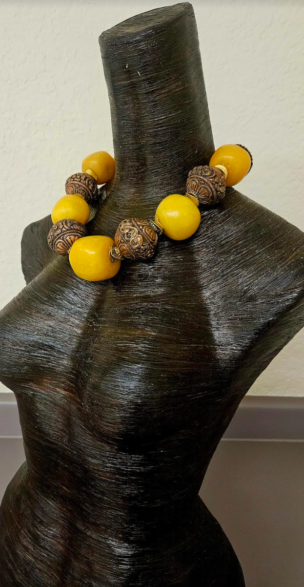 Bold Copal Amber & Tibetan Copper Repousse Tribal Luxury Necklace