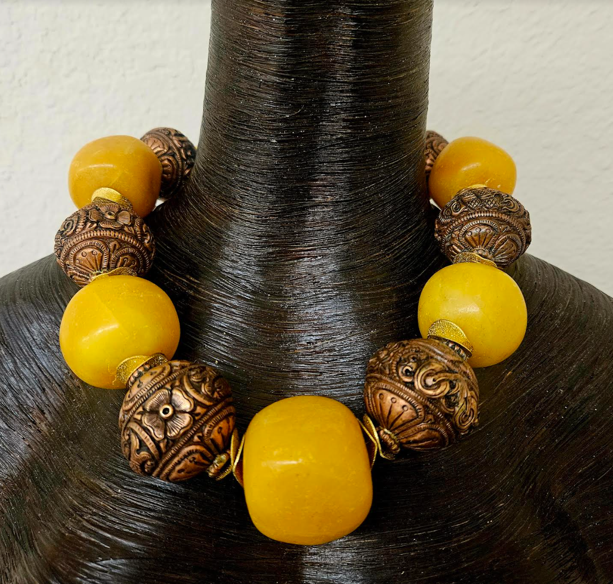 Bold Copal Amber & Tibetan Copper Repousse Tribal Luxury Necklace