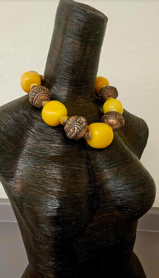Bold Copal Amber & Tibetan Copper Repousse Tribal Luxury Necklace