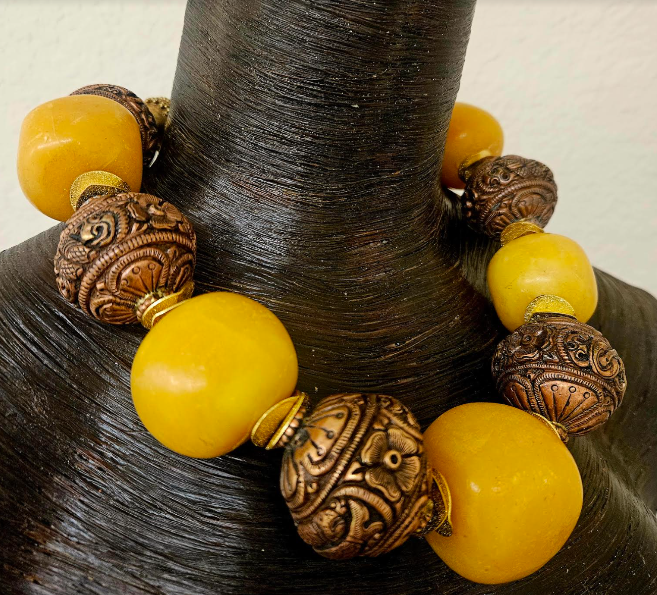 Bold Copal Amber & Tibetan Copper Repousse Tribal Luxury Necklace