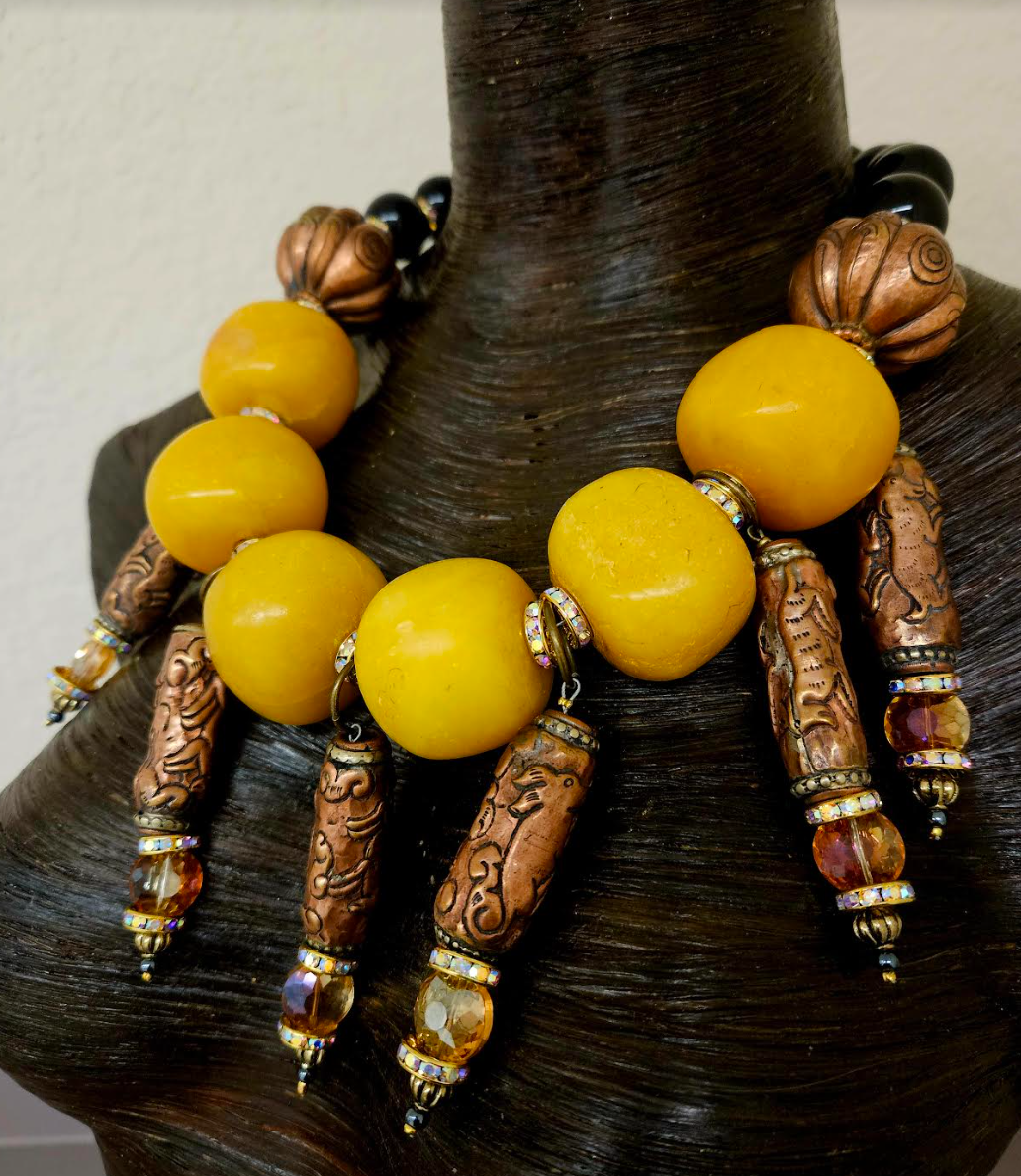 Copal Amber Ethnic Choker & Tibetan Dangles - Iris Apfel