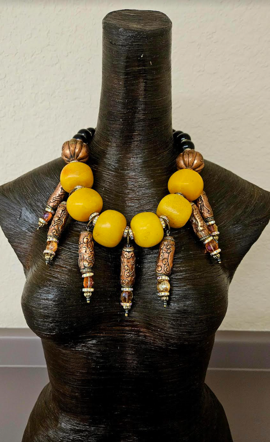 Copal Amber Necklace - Tibetan Copper Statement Piece