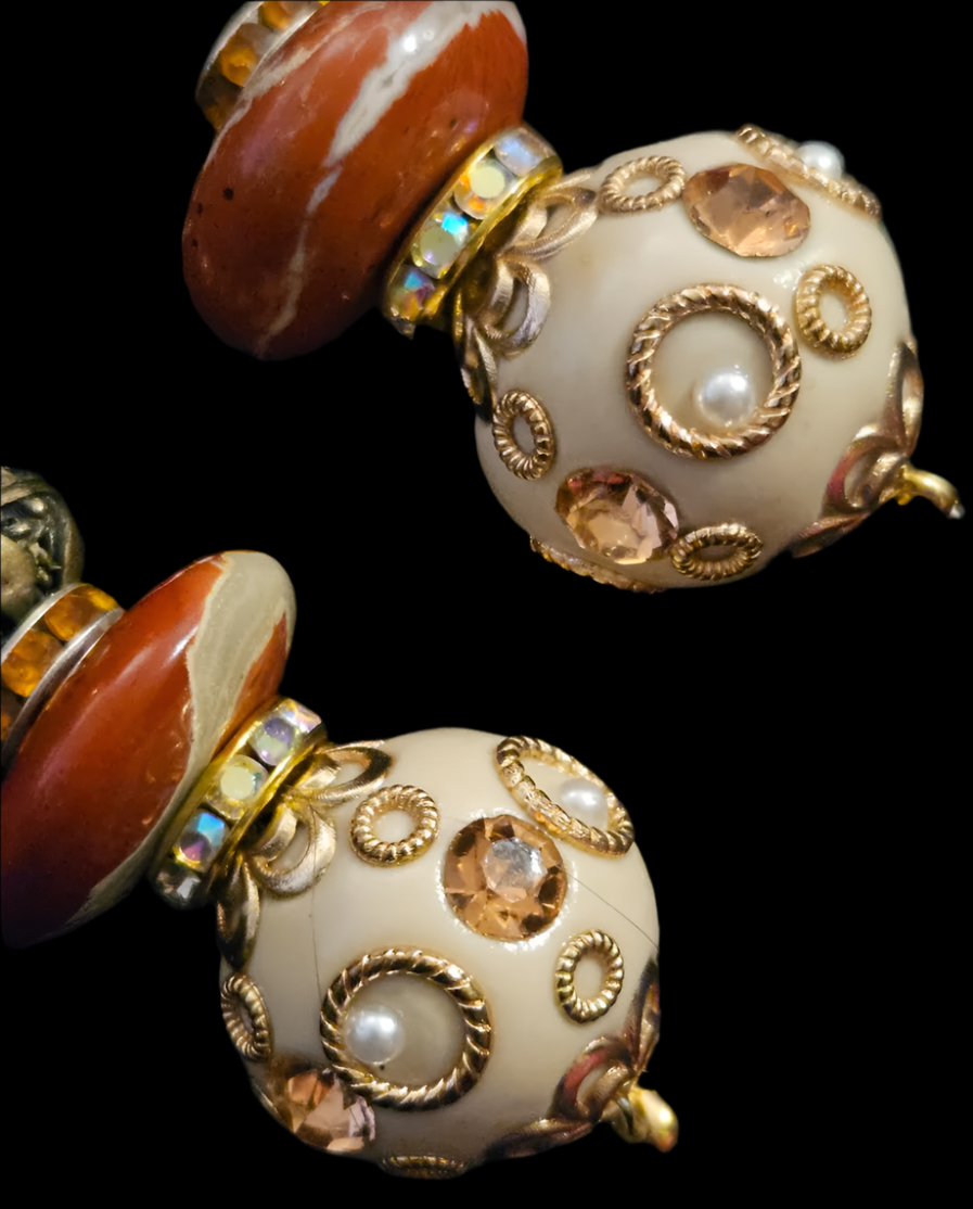 Red Jasper Copper & Golden Cream Polynesian Beaded Pierced Statement E