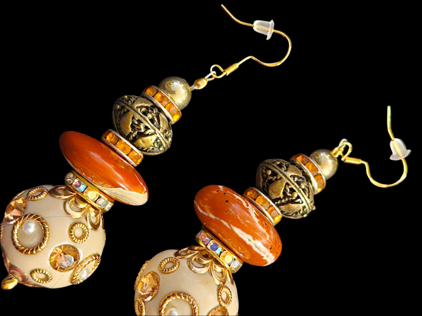 Red Jasper Copper & Golden Cream Polynesian Beaded Pierced Statement E