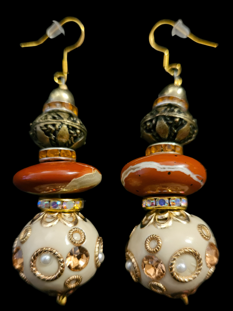 Red Jasper Copper & Golden Cream Polynesian Beaded Pierced Statement E