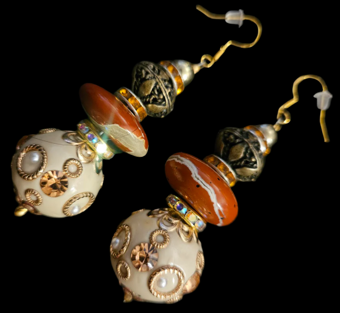 Red Jasper Copper & Golden Cream Polynesian Beaded Pierced Statement E