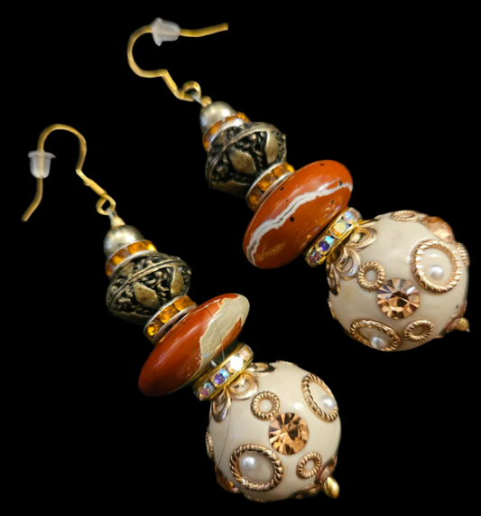 Red Jasper Copper & Golden Cream Polynesian Beaded Pierced Statement E