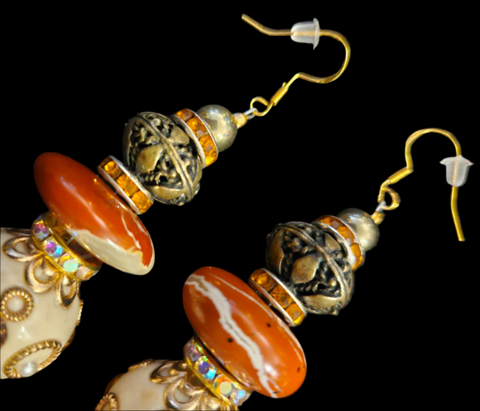 Red Jasper Copper & Golden Cream Polynesian Beaded Pierced Statement E