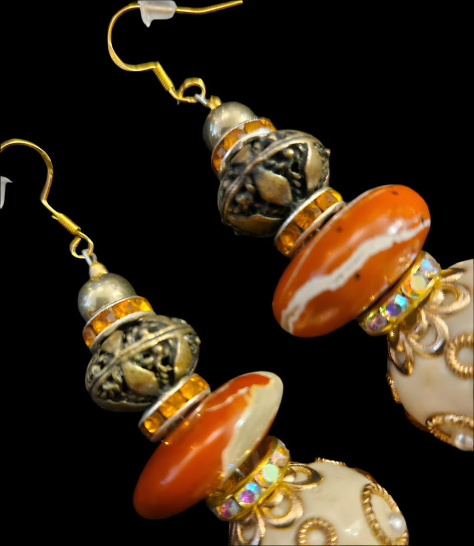 Red Jasper Copper & Golden Cream Polynesian Beaded Pierced Statement E