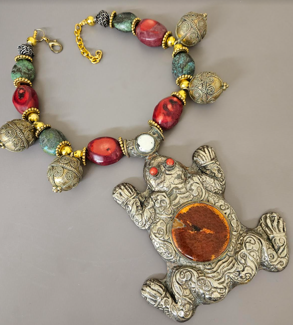 Huge Tibetan Repousse Frog Statement Gemstone Pendant - Iris Apfel