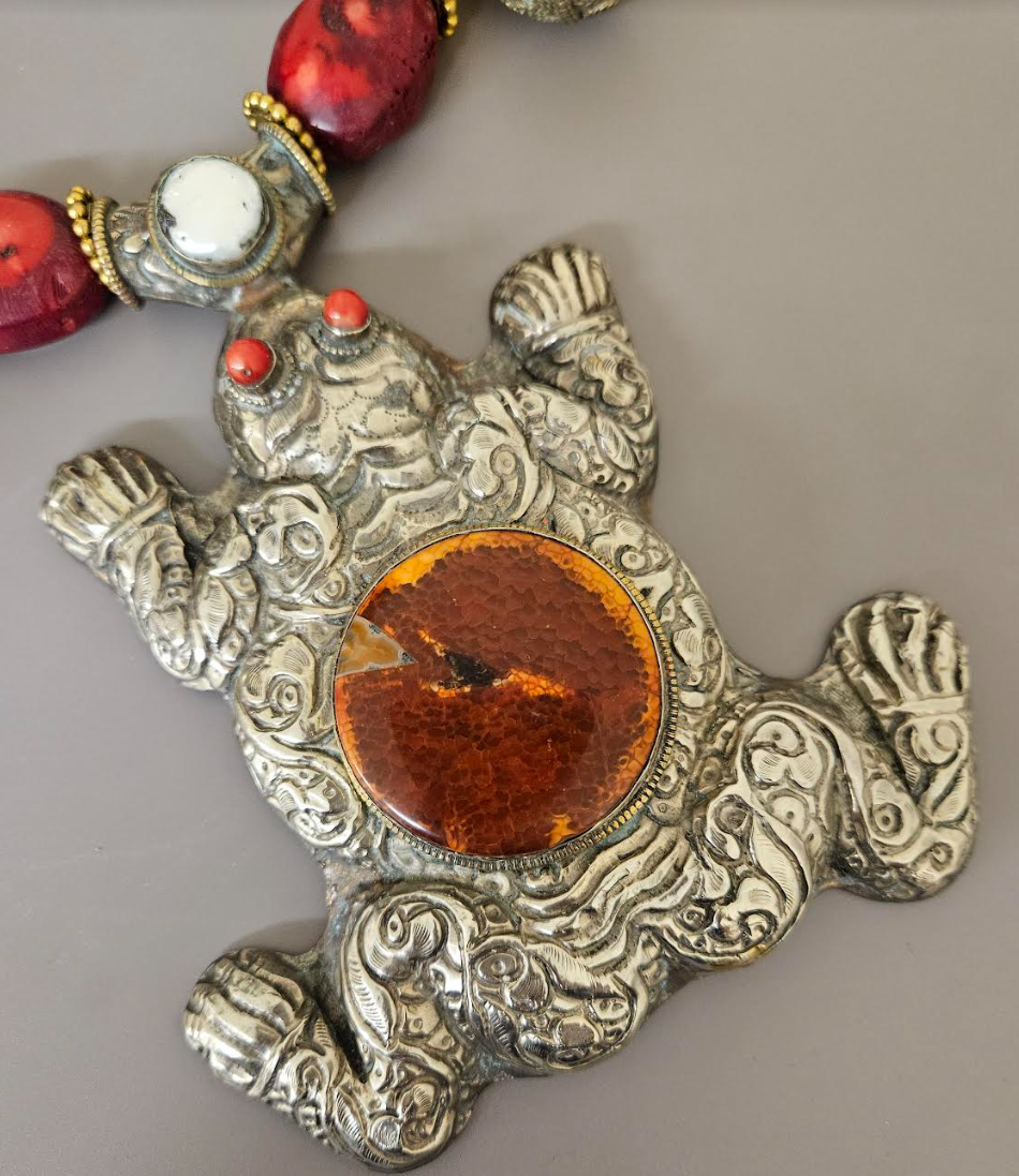 Huge Tibetan Repousse Frog Statement Gemstone Pendant - Iris Apfel