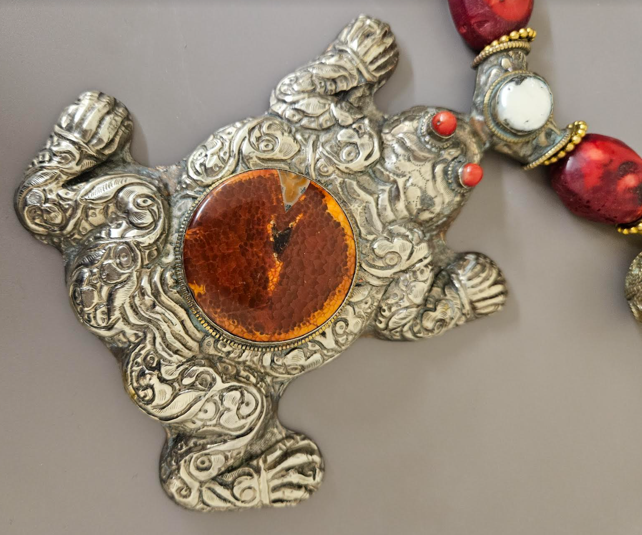 Huge Tibetan Repousse Frog Statement Gemstone Pendant - Iris Apfel