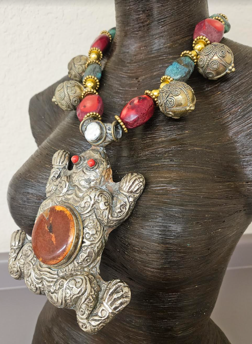 Huge Tibetan Repousse Frog Statement Gemstone Pendant - Iris Apfel