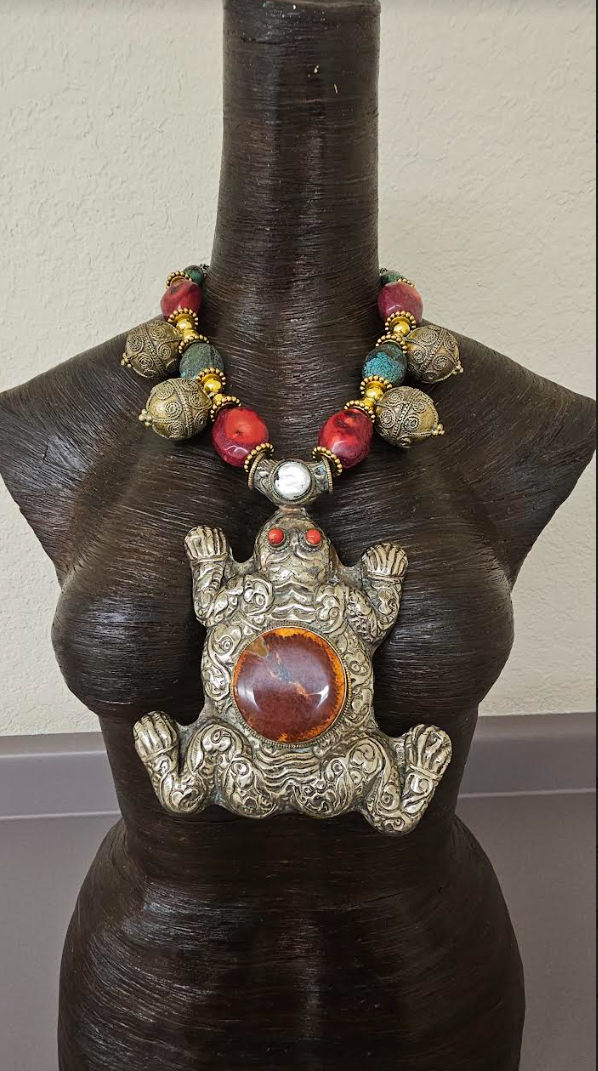 Huge Tibetan Repousse Frog Statement Gemstone Pendant - Iris Apfel