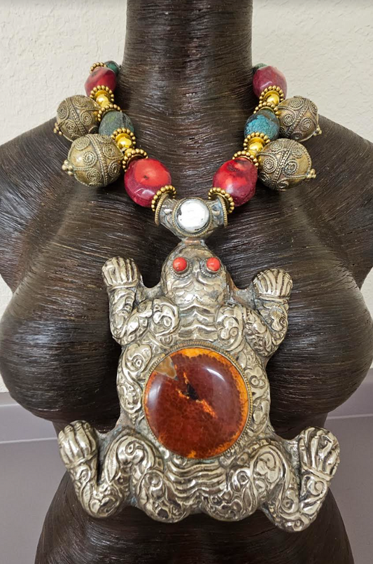 Huge Tibetan Repousse Frog Statement Gemstone Pendant - Iris Apfel