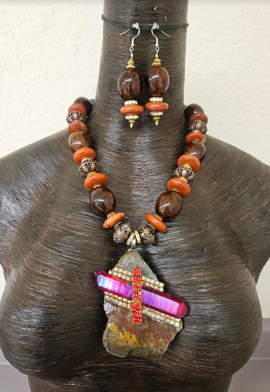 Red Aura Quartz Jasper Slab Pendant & Pierced Earring Set
