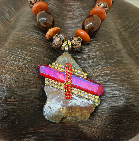 Red Aura Quartz & Jasper Slab Gemstone Pendant Porcelain Jasper & Or