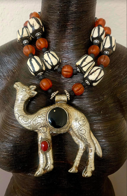 Tibetan Repousse Camel & Bone Unisex Tribal Necklace - Bold & Chunky