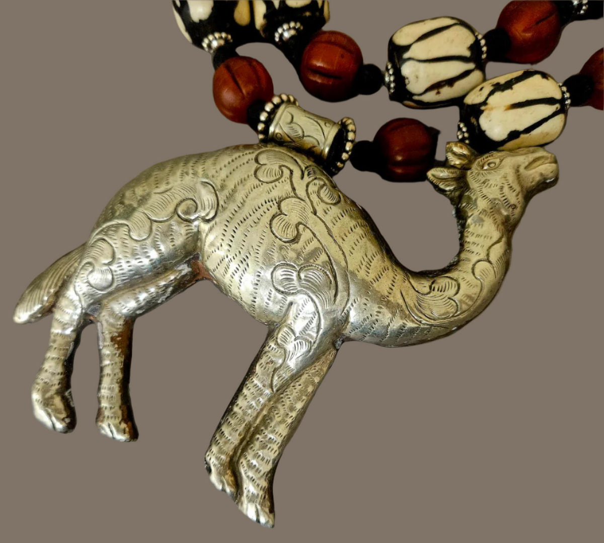 Tibetan Repousse Camel & Bone Unisex Tribal Necklace - Bold & Chunky
